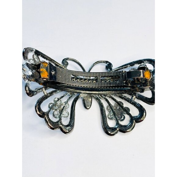 Vintage Rhinestone Butterfly Hair Clip Barrette Metal Floral Design 4.25" Wide E - Picture 2 of 7